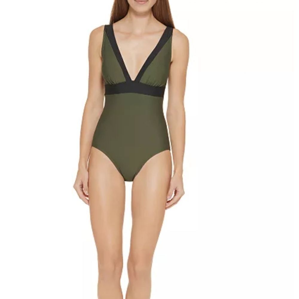 DKNY Black Contrast-Trim olive Army Green Women's  One-Piece Swimsuit sz 10 - Picture 8 of 8
